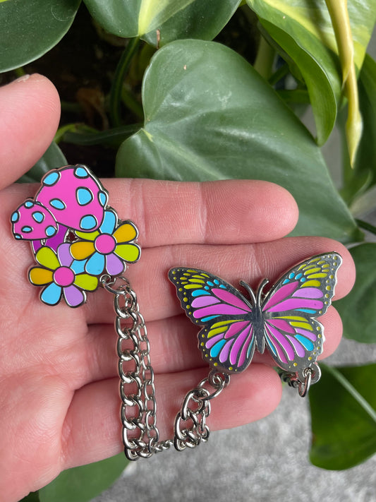 Blooming Fungi: 3 Piece Pin and Chain Set (Pink and Green)