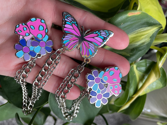 Blooming Fungi: 3 Piece Pin and Chain Set (Pink and Blue)